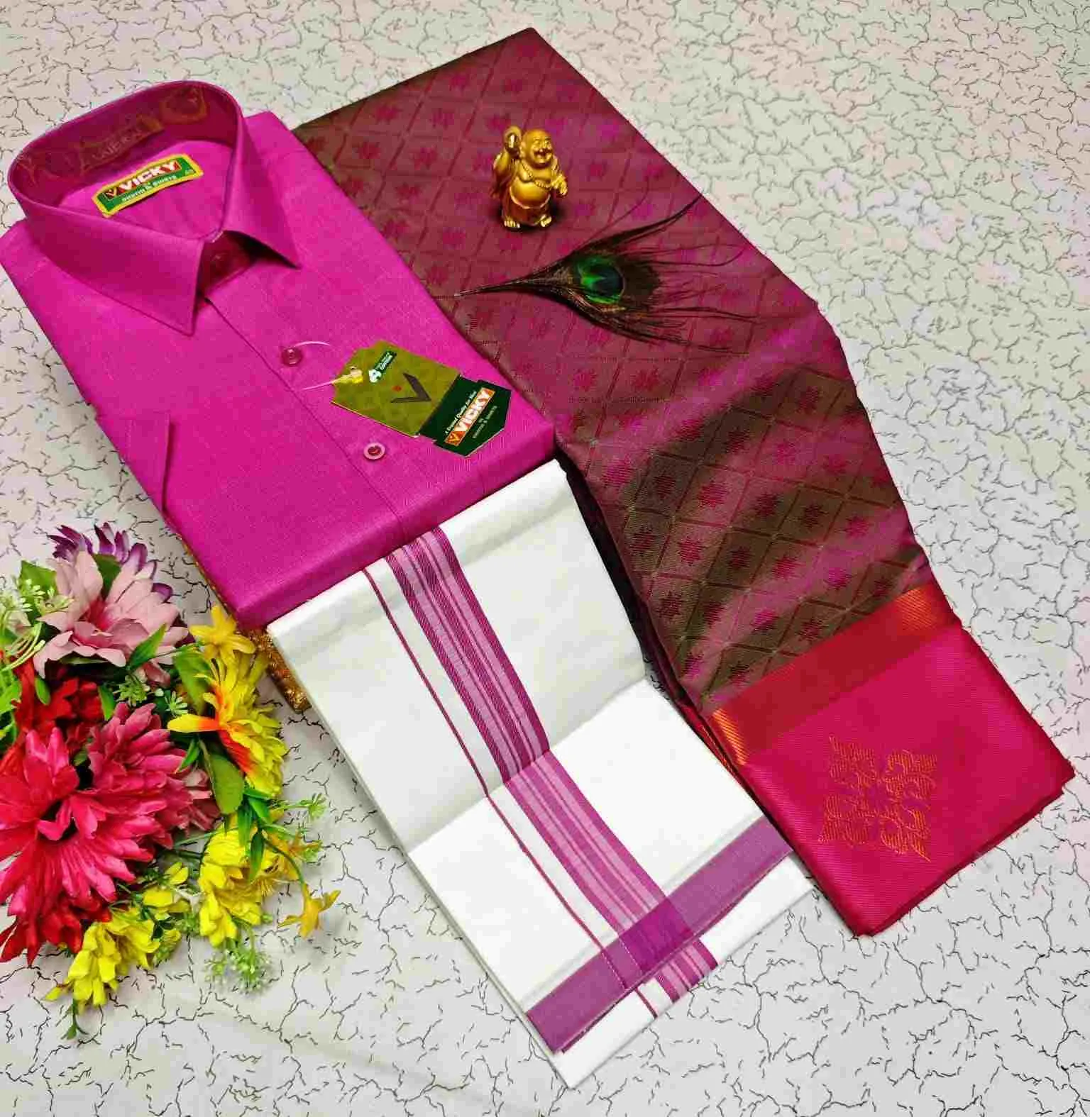Rani Magenta Wine Geometric Contrast Karizma Silk Couple Combo